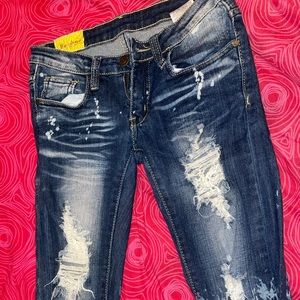 ACID WASH DISTRESSED LOW RISE SKINNY JEANS